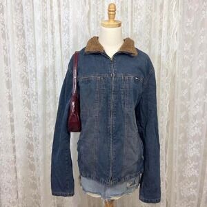 Vintage Unionbay Blue Denim Jacket Women XL 90s‎ Grunge Faux Fur Collar Full Zip